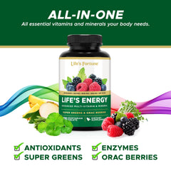 Life's Fortune Lifes Energy tablets on a clean surface show iron-free vegetarian capsules for daily wellness.