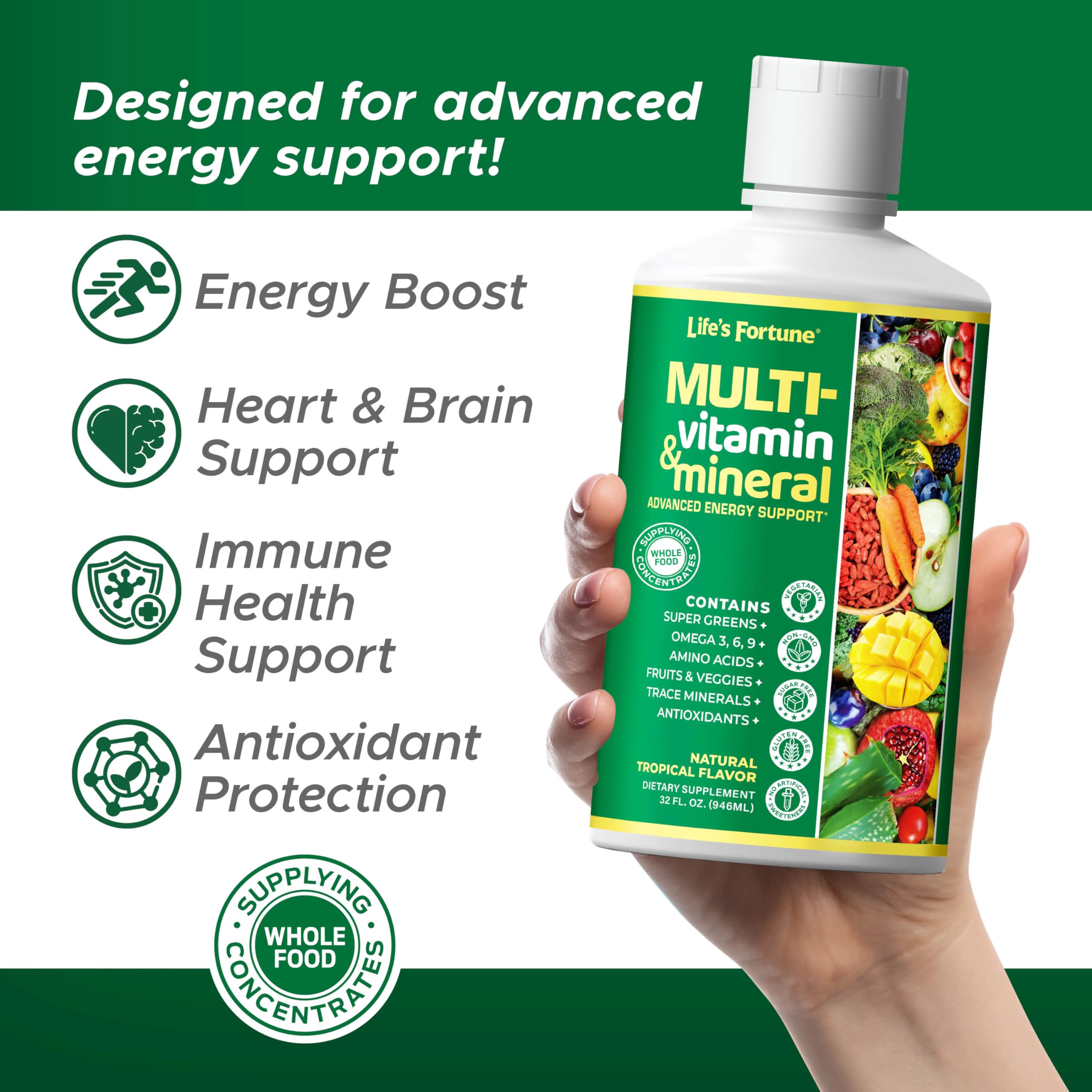 Life's Fortune liquid multivitamin pour-dispense demonstrates easy daily dosing