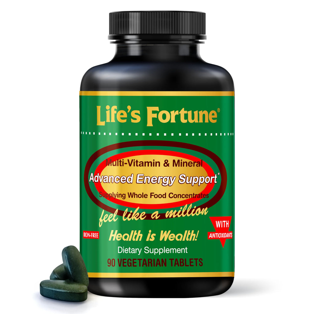Life's Fortune multivitamin bottle closeup for daily energy support