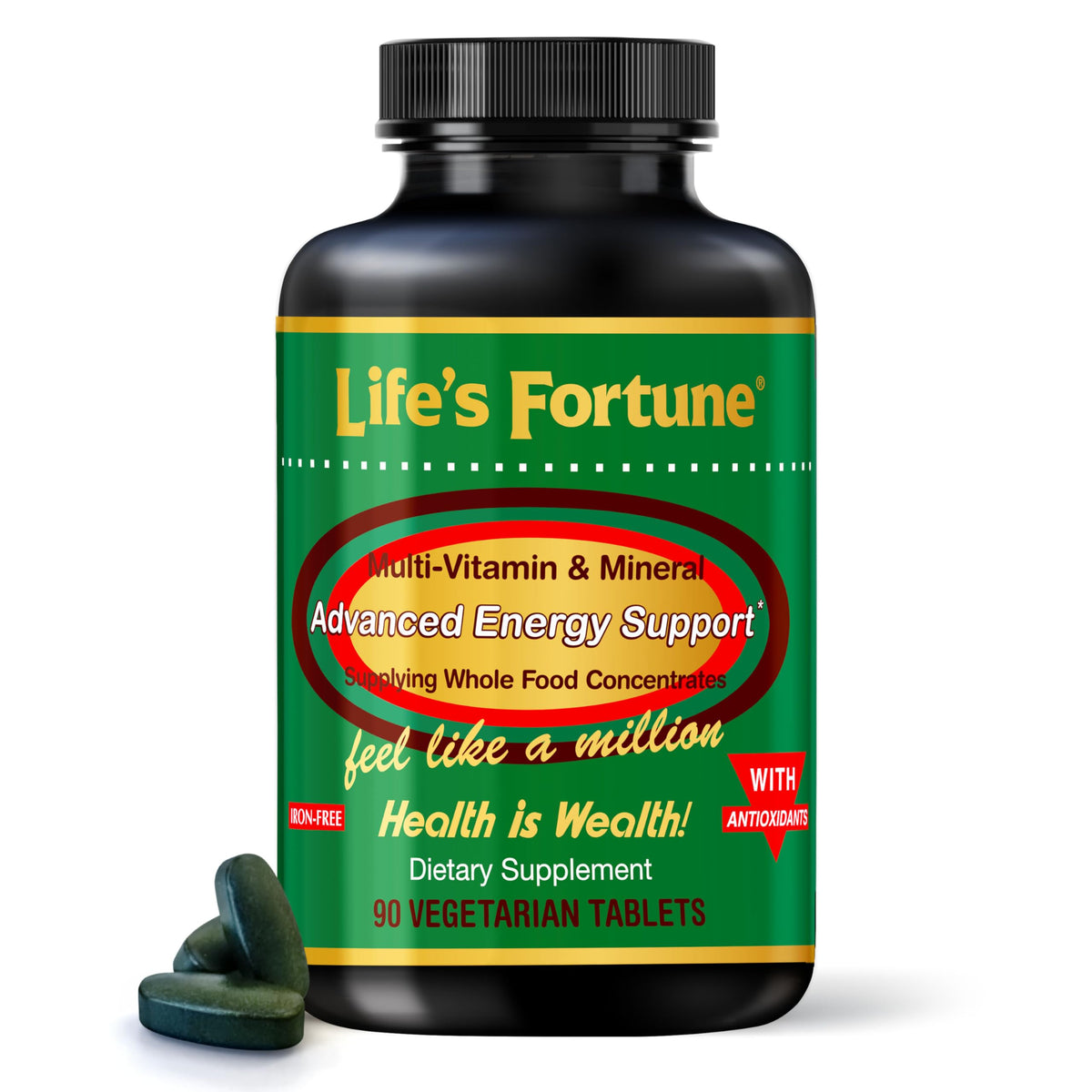 Life's Fortune multivitamin bottle closeup for daily energy support