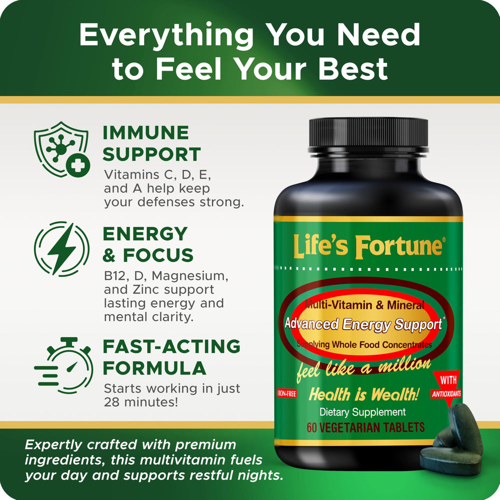 Life's Fortune multivitamin label close-up shows a full range of nutrients for vitality.
