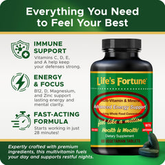 Life's Fortune multivitamin label close-up shows a full range of nutrients for vitality.