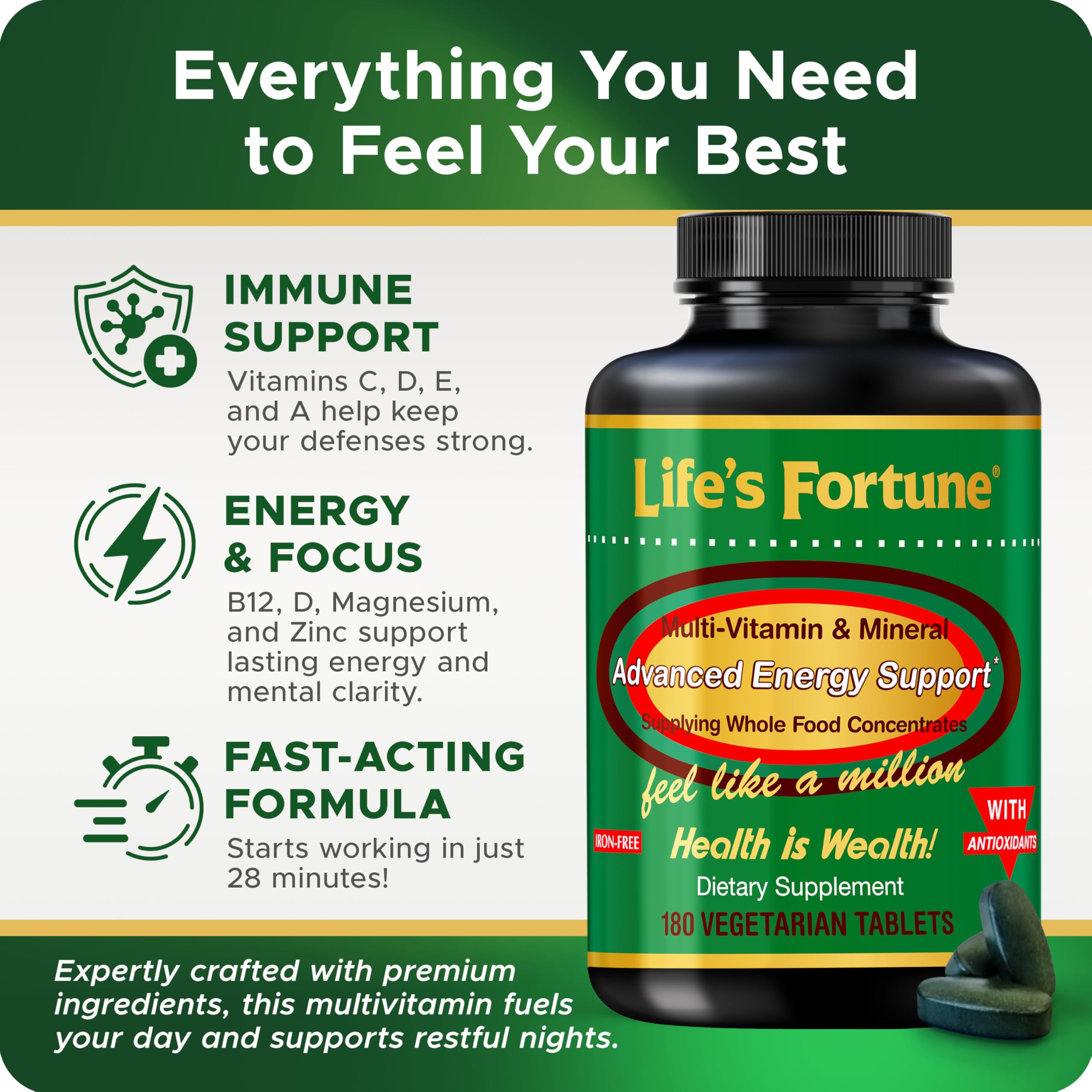 Close-up of Life's Fortune tablets shows a vegetarian multivitamin for daily nourishment.