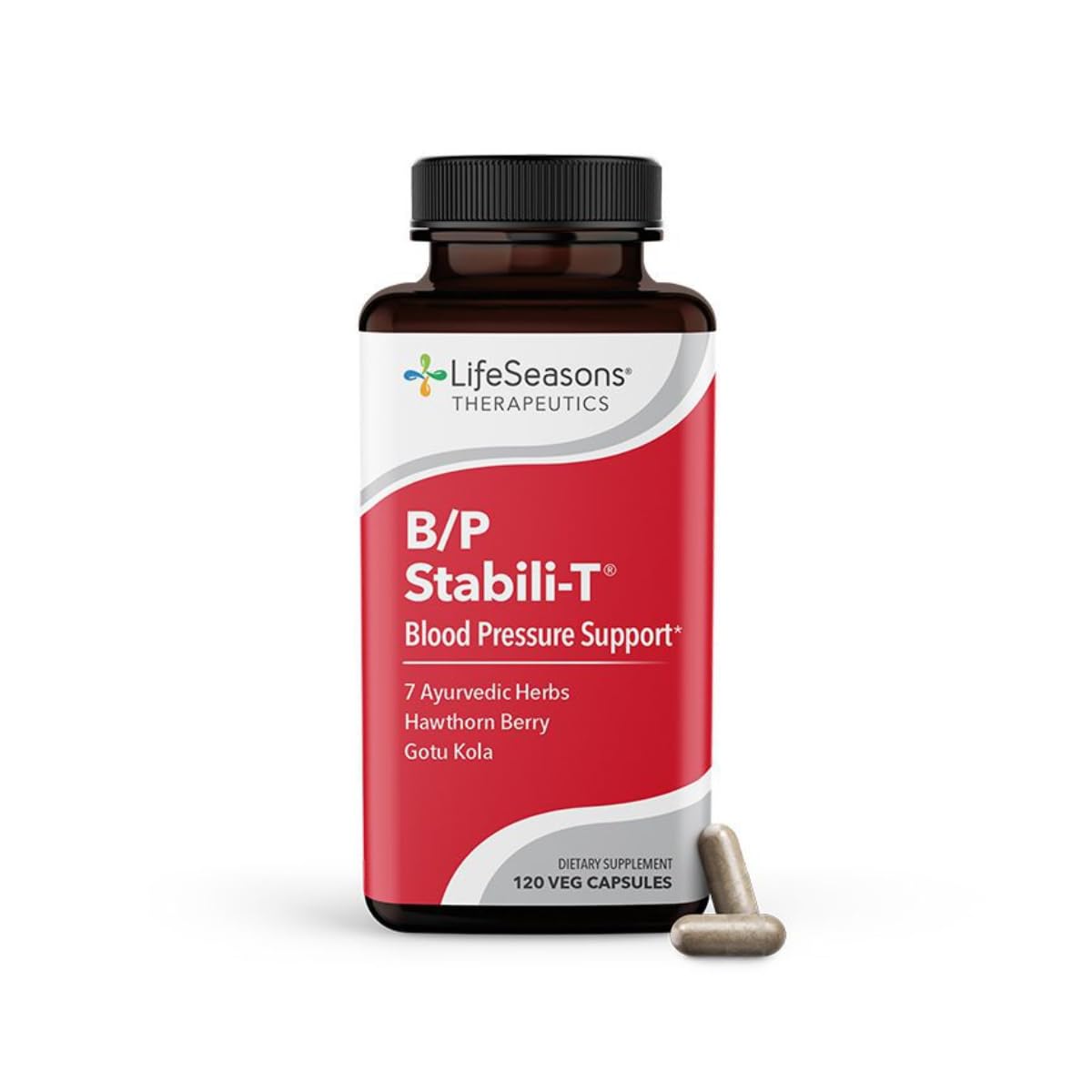 LifeSeasons B/P Stabili-T bottle on kitchen counter supports healthy circulation.