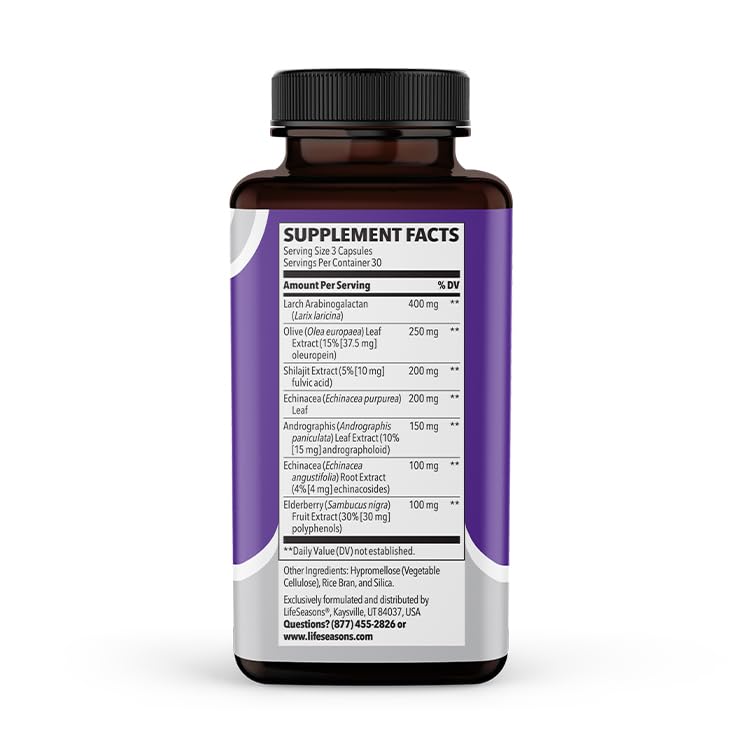 LifeSeasons Immuni-T ingredients chart highlighting elderberry, echinacea, and olive leaf