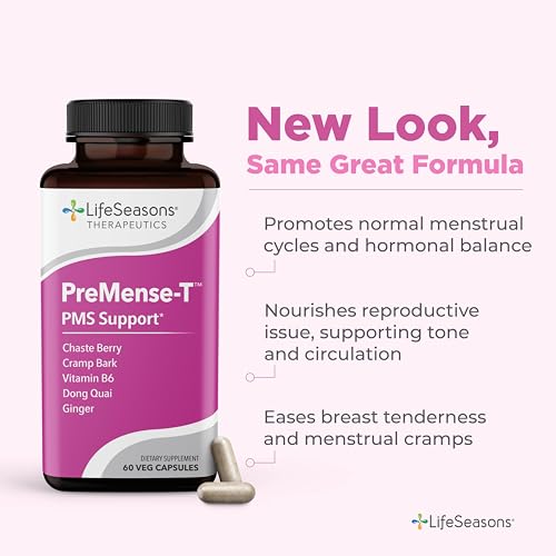 LifeSeasons PreMense-T capsules closeup for cramps support and cycle balance