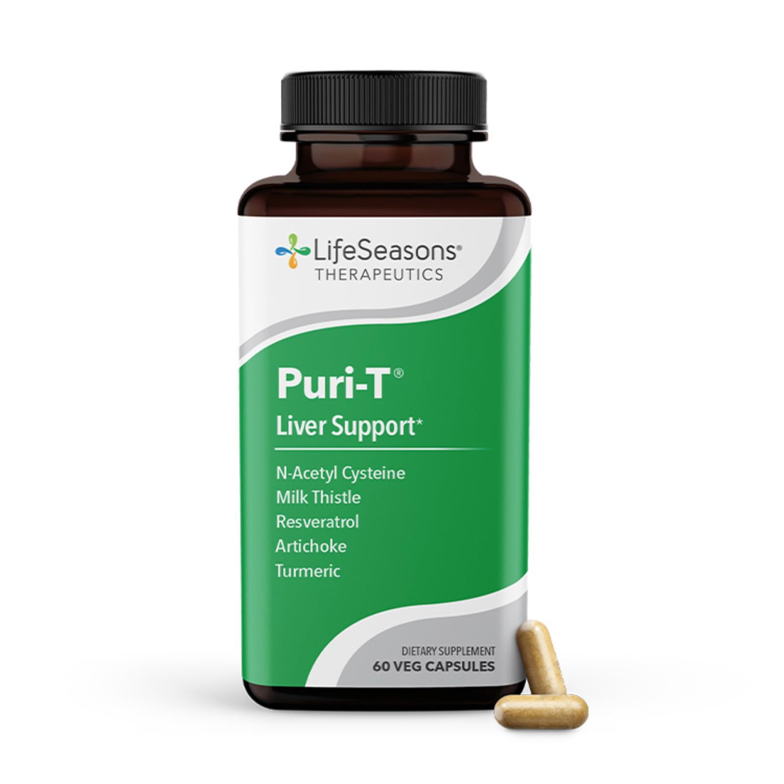 LifeSeasons Puri-T bottle on a counter highlighting detox support for daily wellness.