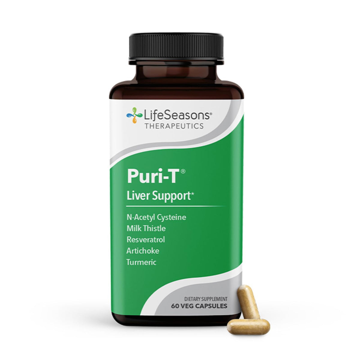 LifeSeasons Puri-T bottle on a counter highlighting detox support for daily wellness.