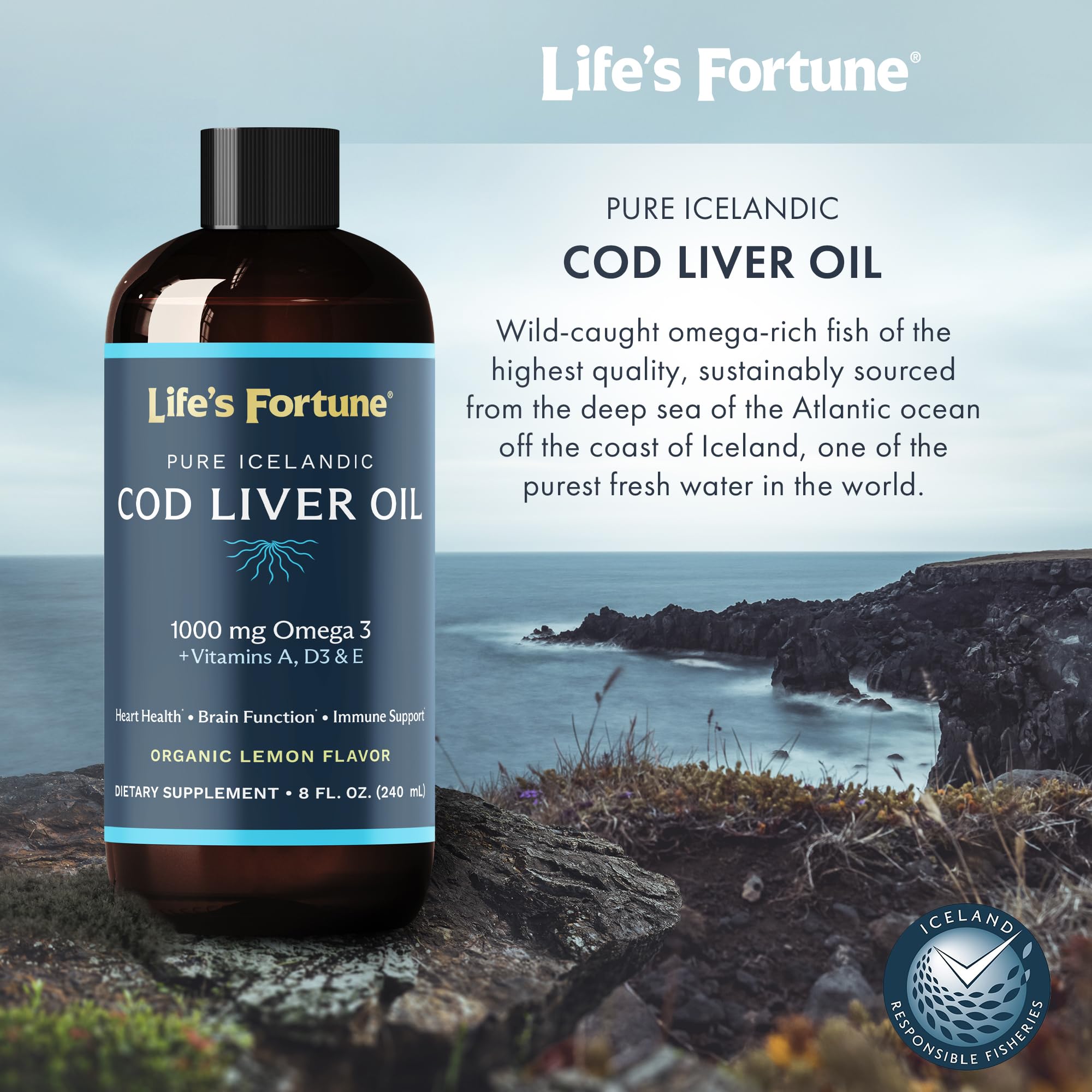 Life's Fortune sustainably sourced Atlantic cod image conveys wild origin.