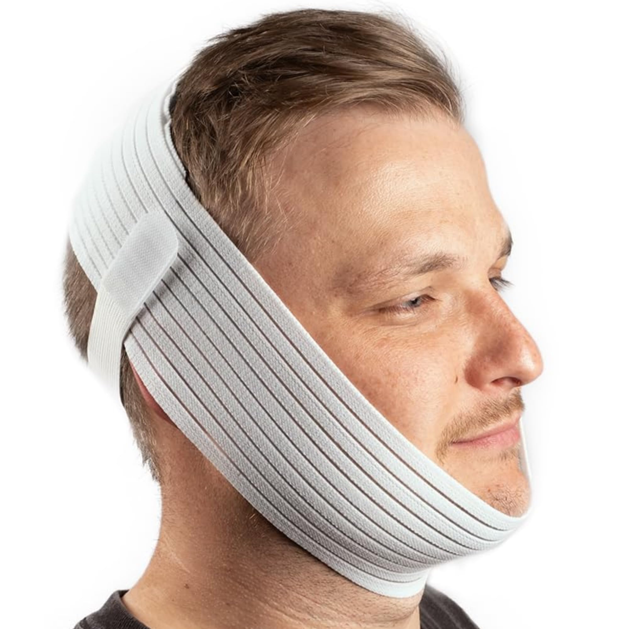 LIFESOURCE-made in USA anti-snore chin strap, closeup, supports nasal breathing.