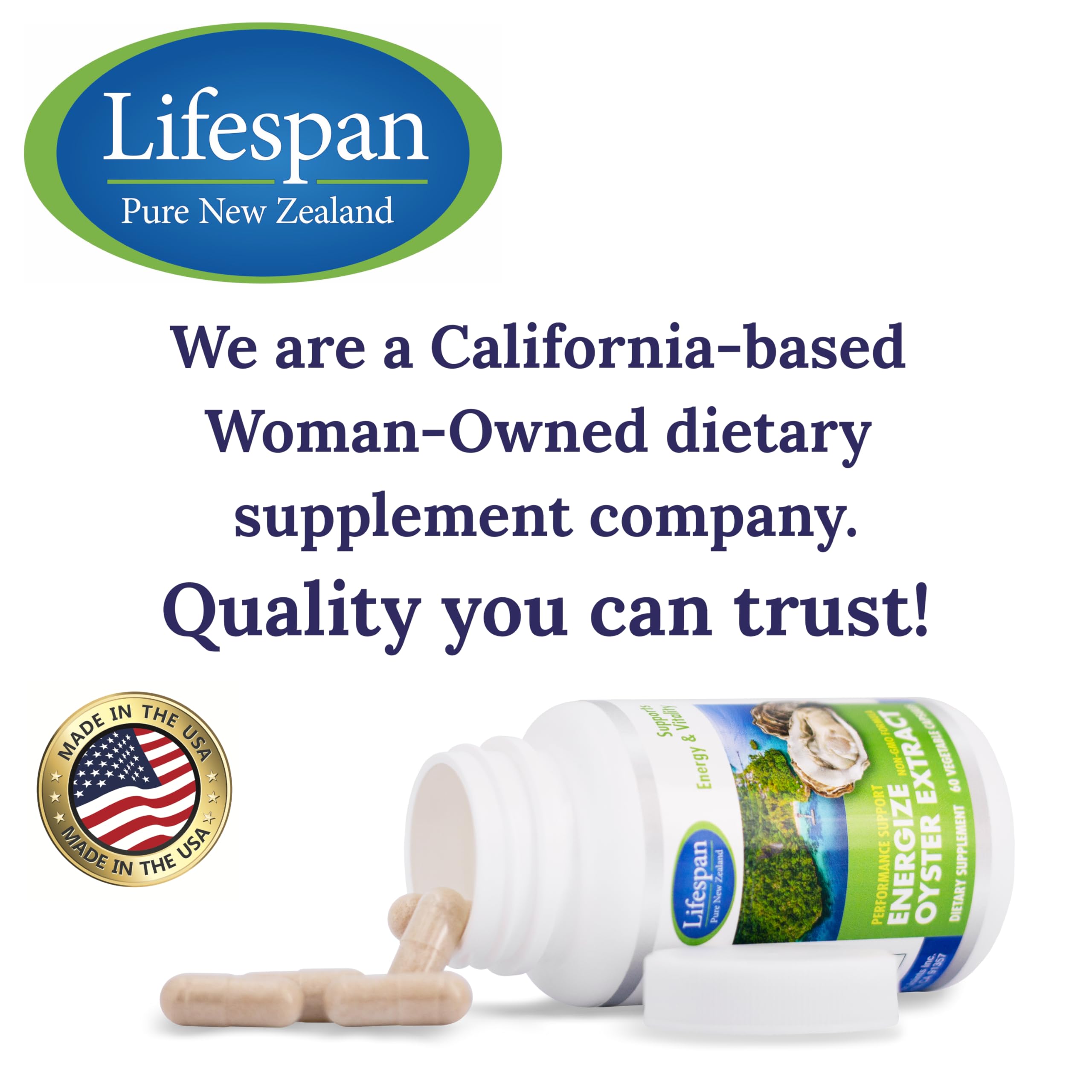LIFESPAN PURE NEW ZEALAND Energize NSF-certified badge on bottle signaling trusted quality.