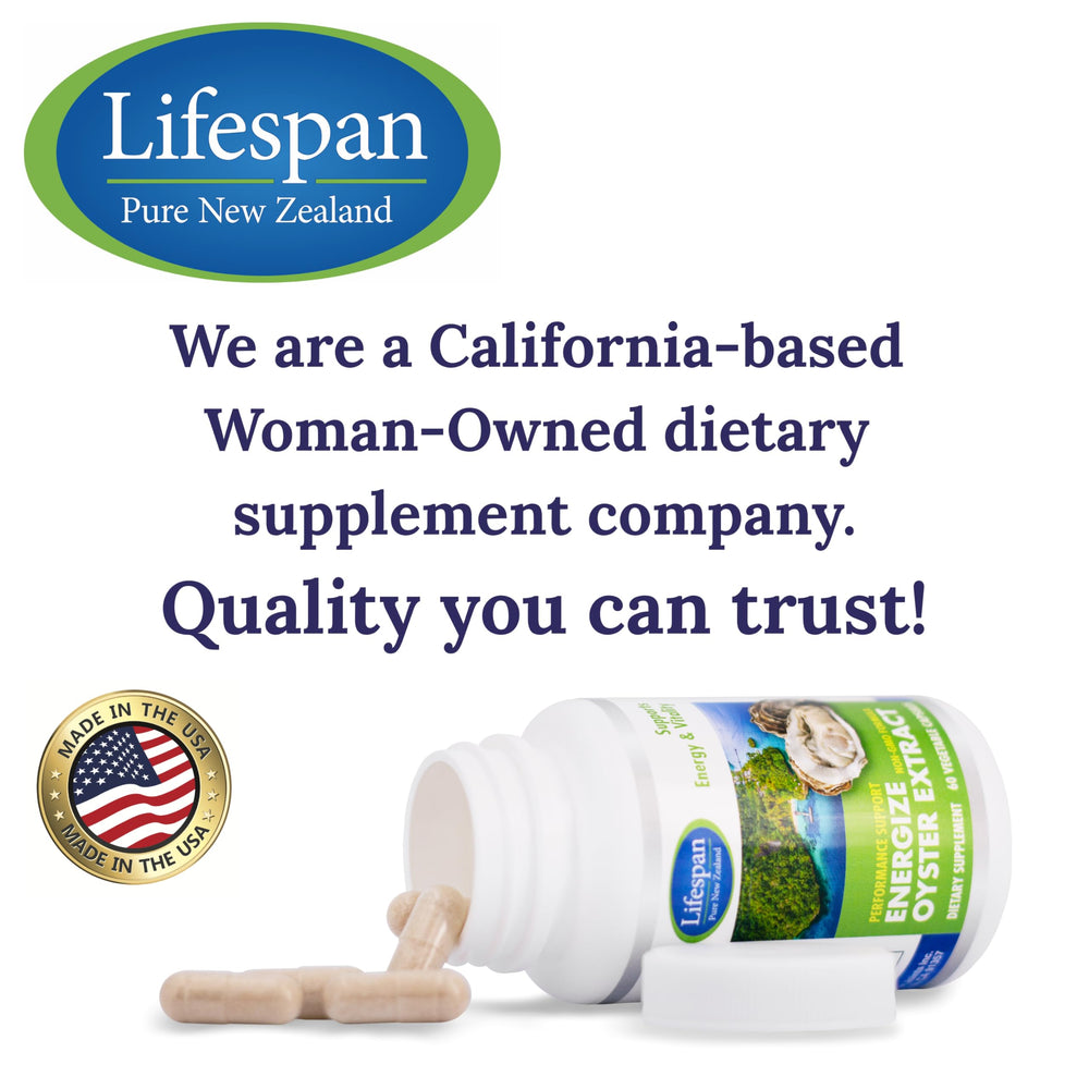 LIFESPAN PURE NEW ZEALAND Energize NSF-certified badge on bottle signaling trusted quality.