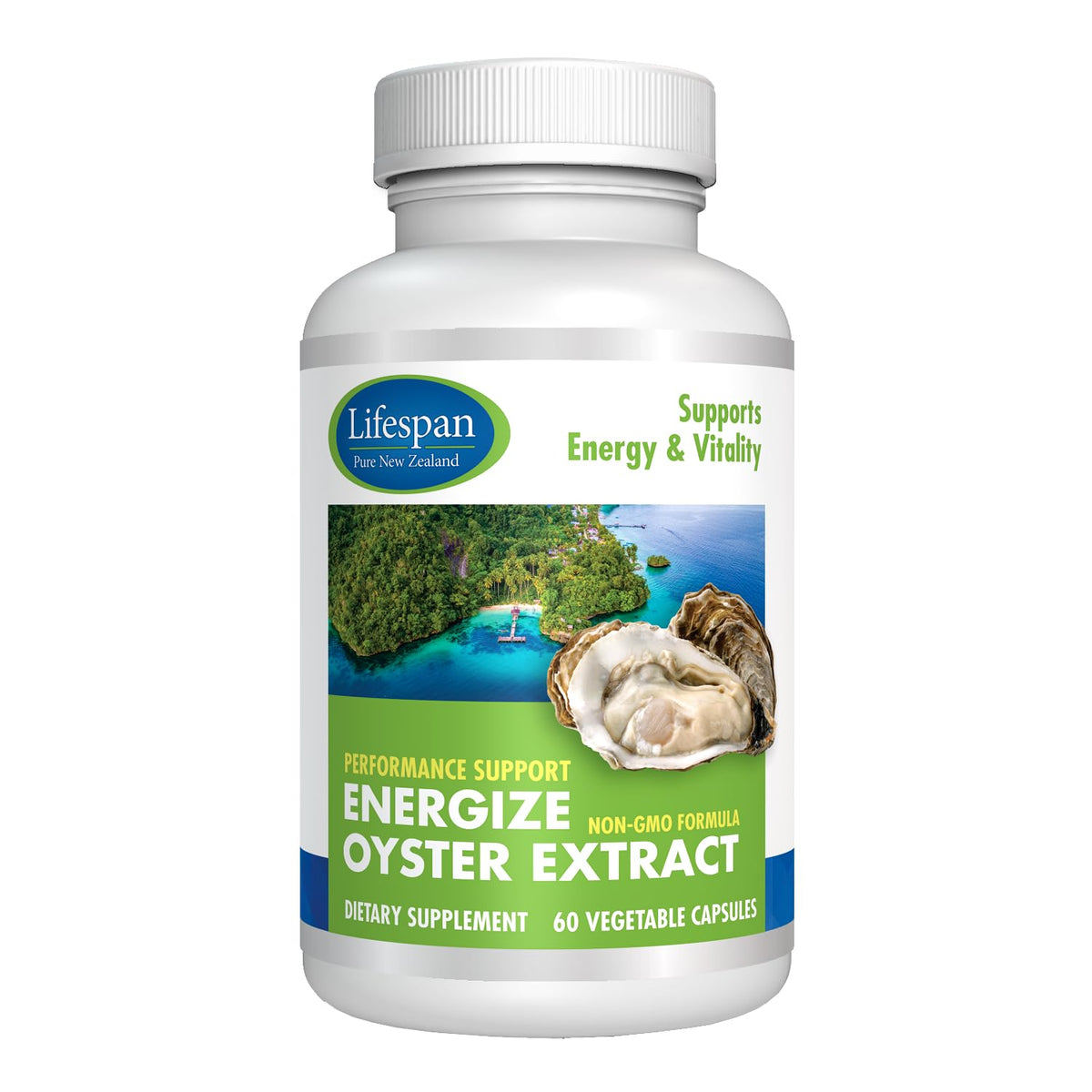 LIFESPAN PURE NEW ZEALAND Energize Oyster Extract bottle for daily energy support and wellness.