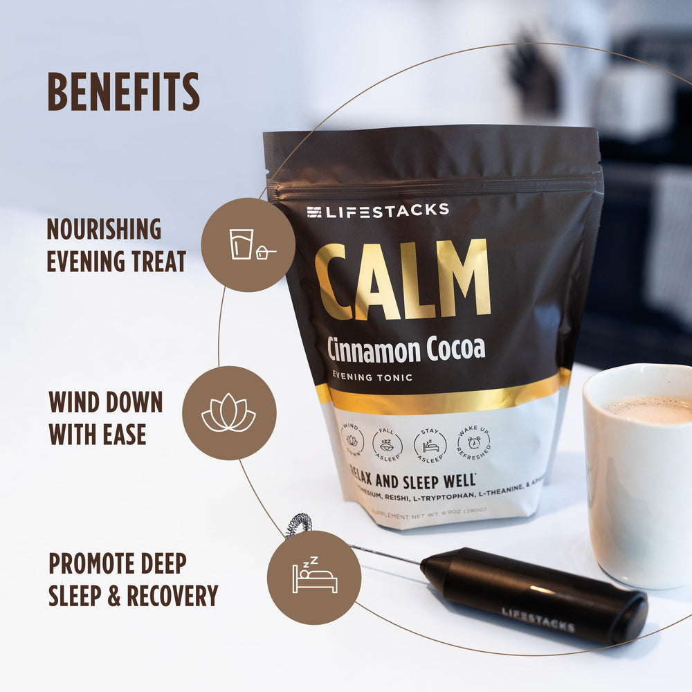 Pouch of LIFESTACKS Calm Evening Tonic on the counter ready to mix