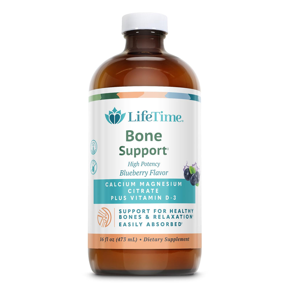 Lifetime Bone Support bottle being poured, highlighting easy absorption and blueberry flavor.
