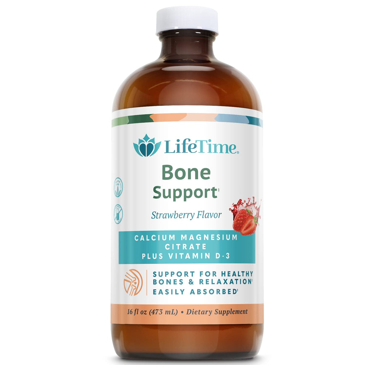 LifeTime liquid calcium magnesium bottle with strawberry flavor for daily bone support