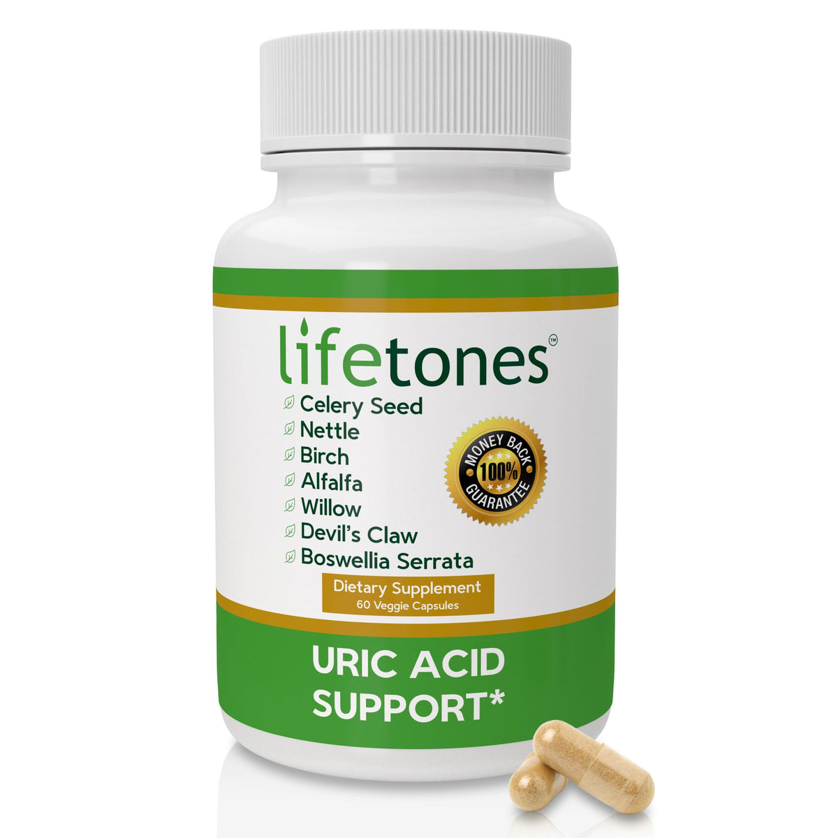 Life Tones Uric Acid Support bottle with label promoting joint comfort and natural ingredients