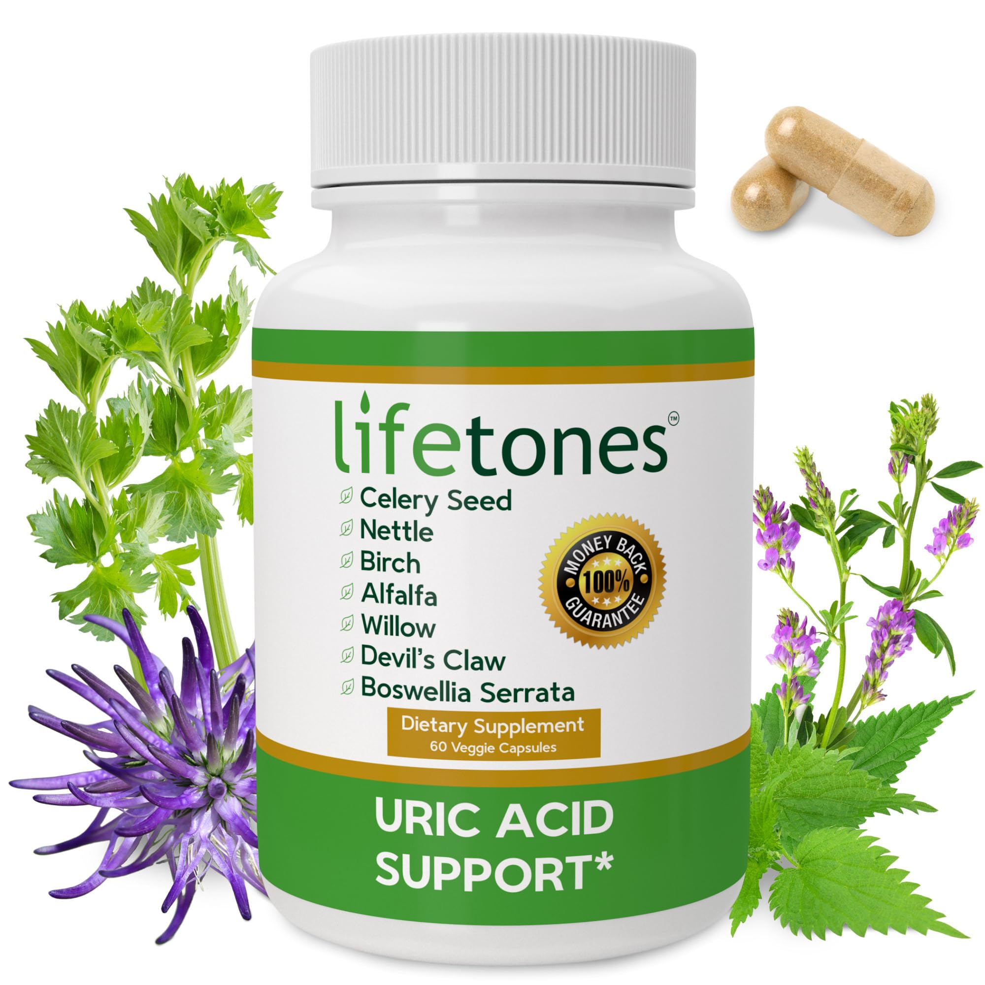 Life Tones Uric Acid Support capsules closeup shows vegan, non-GMO formula
