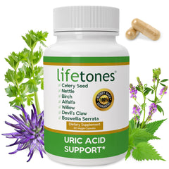 Life Tones Uric Acid Support capsules closeup shows vegan, non-GMO formula