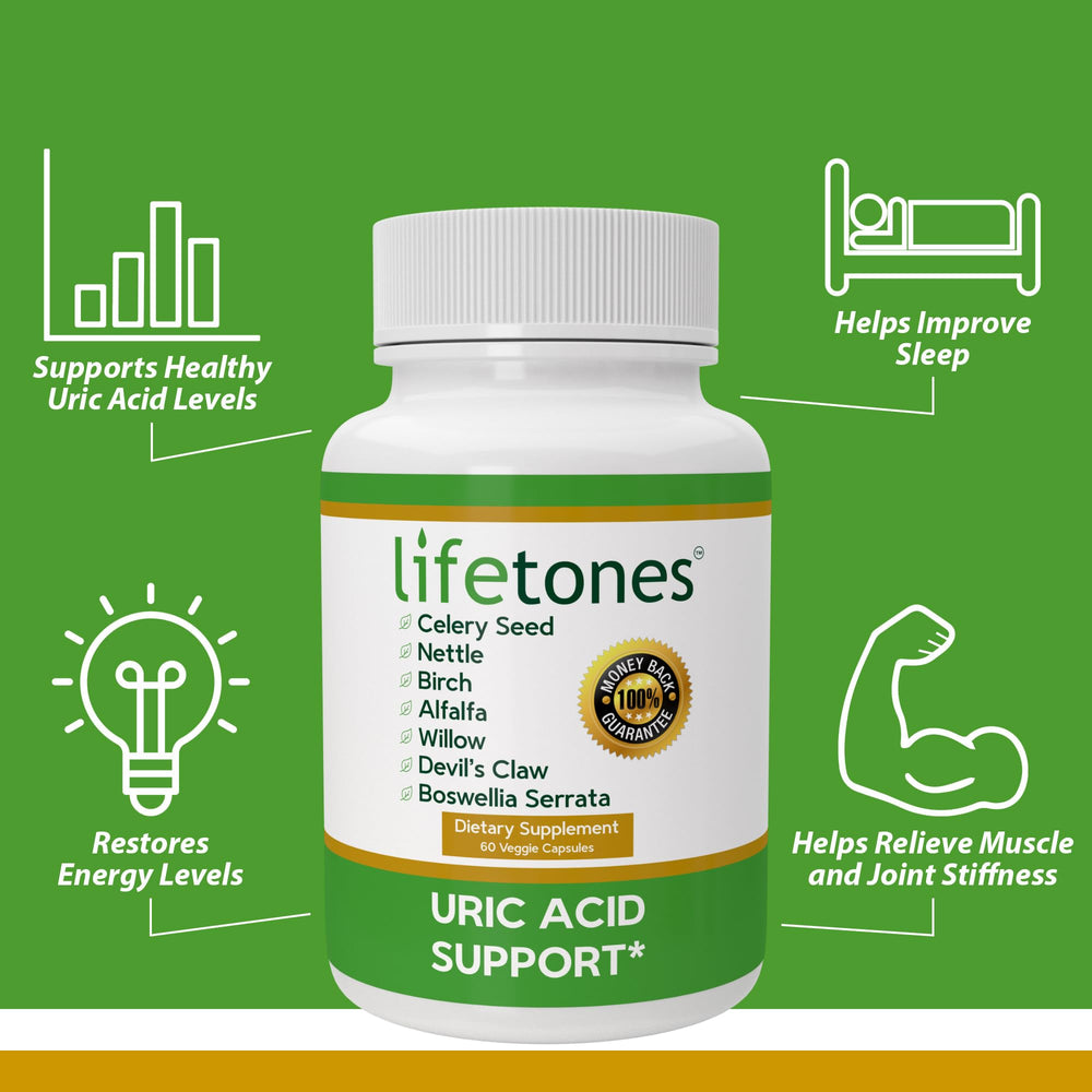Life Tones Uric Acid Support ingredients panel highlights herbal blend and natural components
