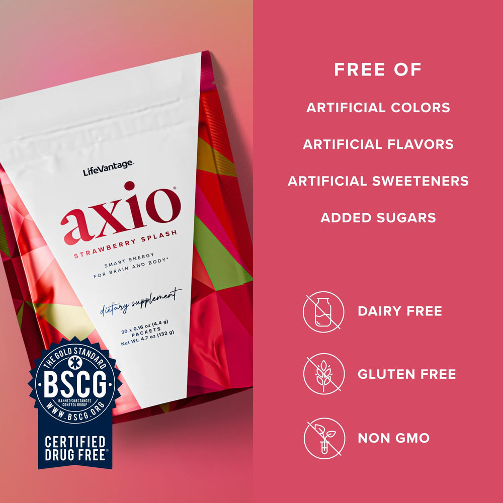 LifeVantage AXIO easy-mix action highlighting travel-friendly packets.