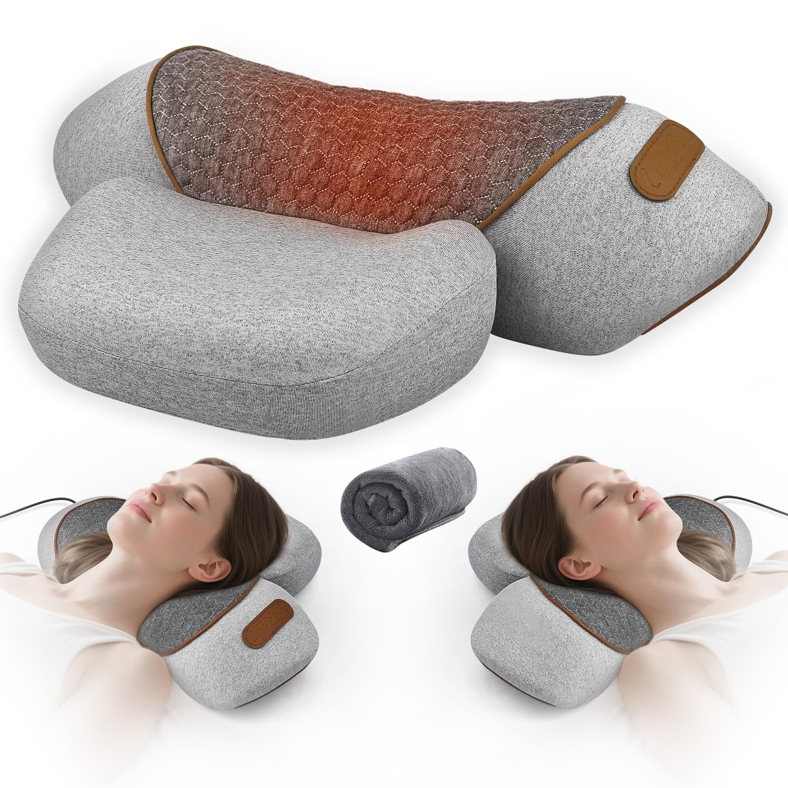 Lifiora 3-in-1 neck massager pillow showing heat and vibration features for neck relief