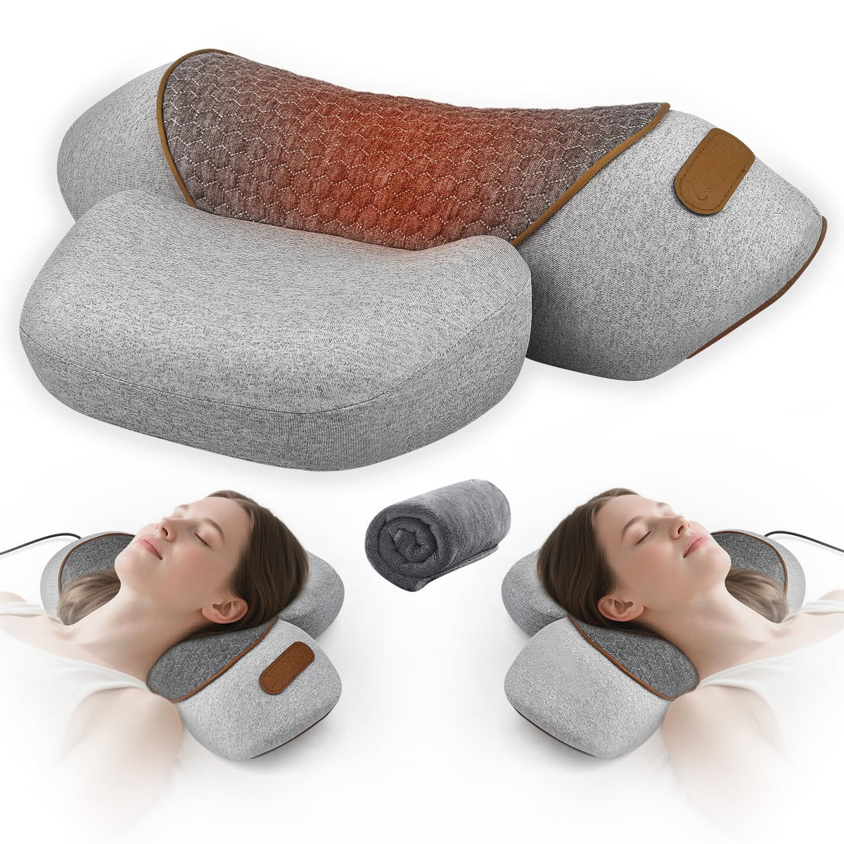 Lifiora 3-in-1 neck massager pillow showing heat and vibration features for neck relief