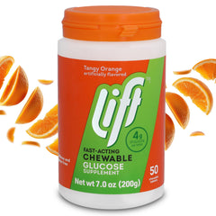 Lift Glucose orange chewables jar front view for quick on-the-go energy.