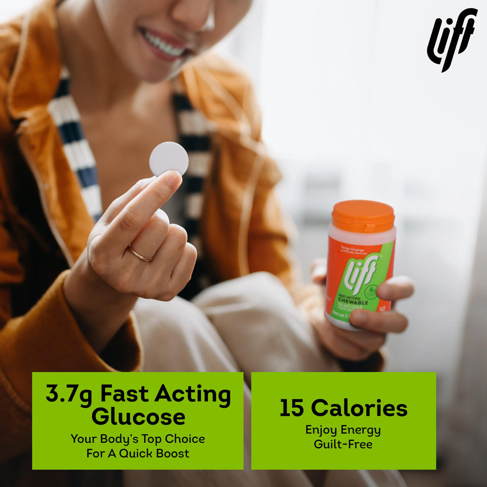 Lift Glucose orange chewables jar label showing flavor and freshness.