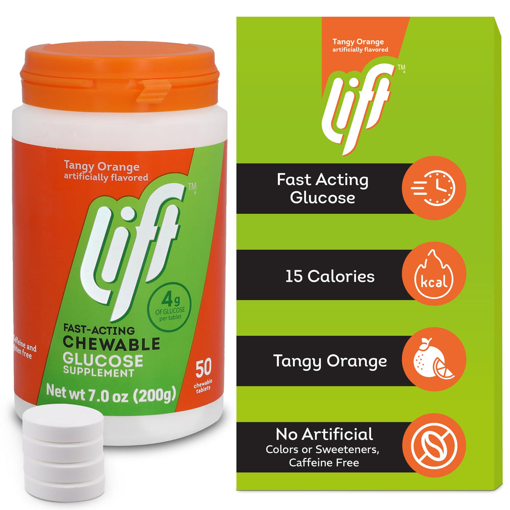 Lift Glucose orange chewables close-up highlighting portable energy and flavor.