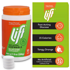 Lift Glucose orange chewables close-up highlighting portable energy and flavor.