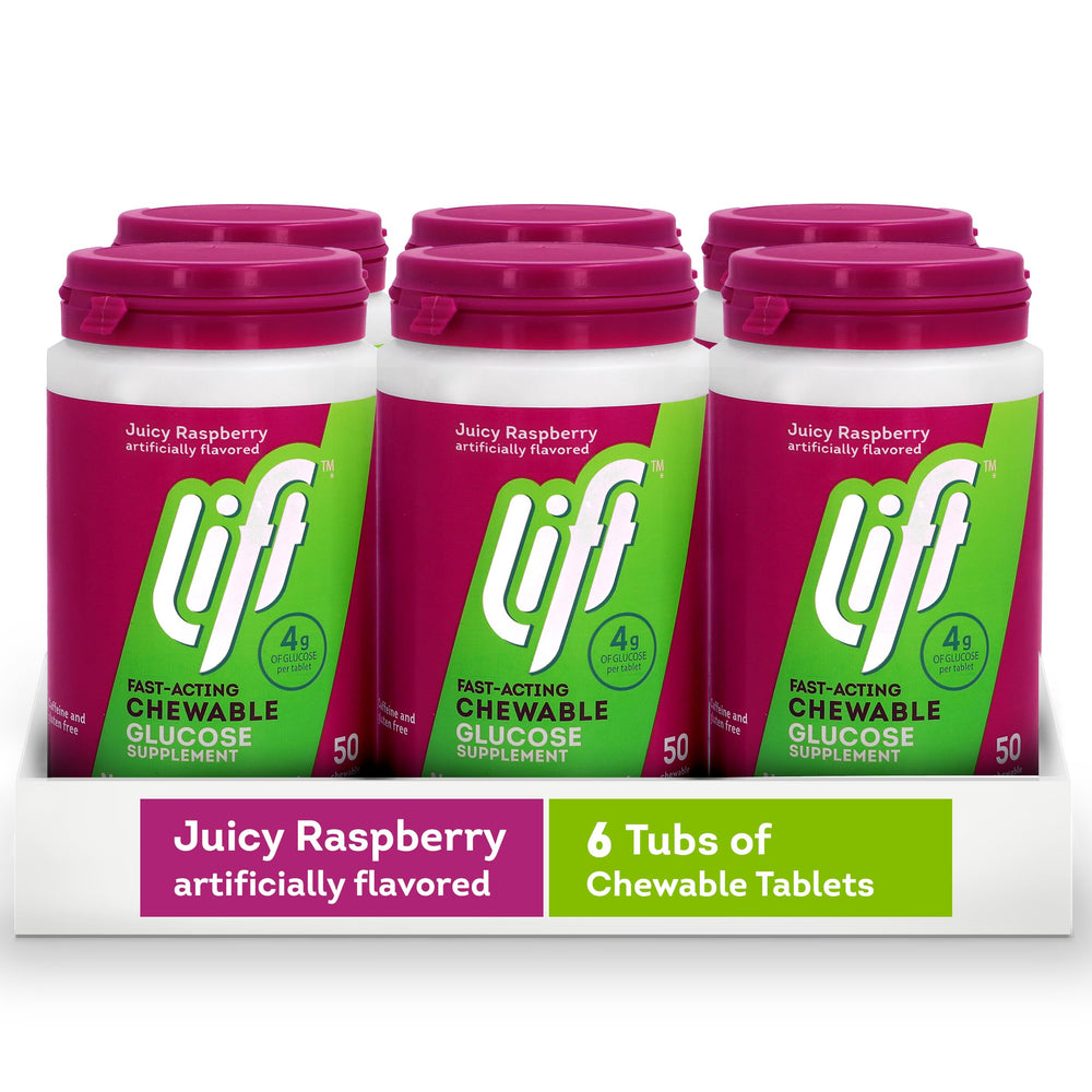 Lift Glucose Raspberry label detail shows dextrose content and serving size.
