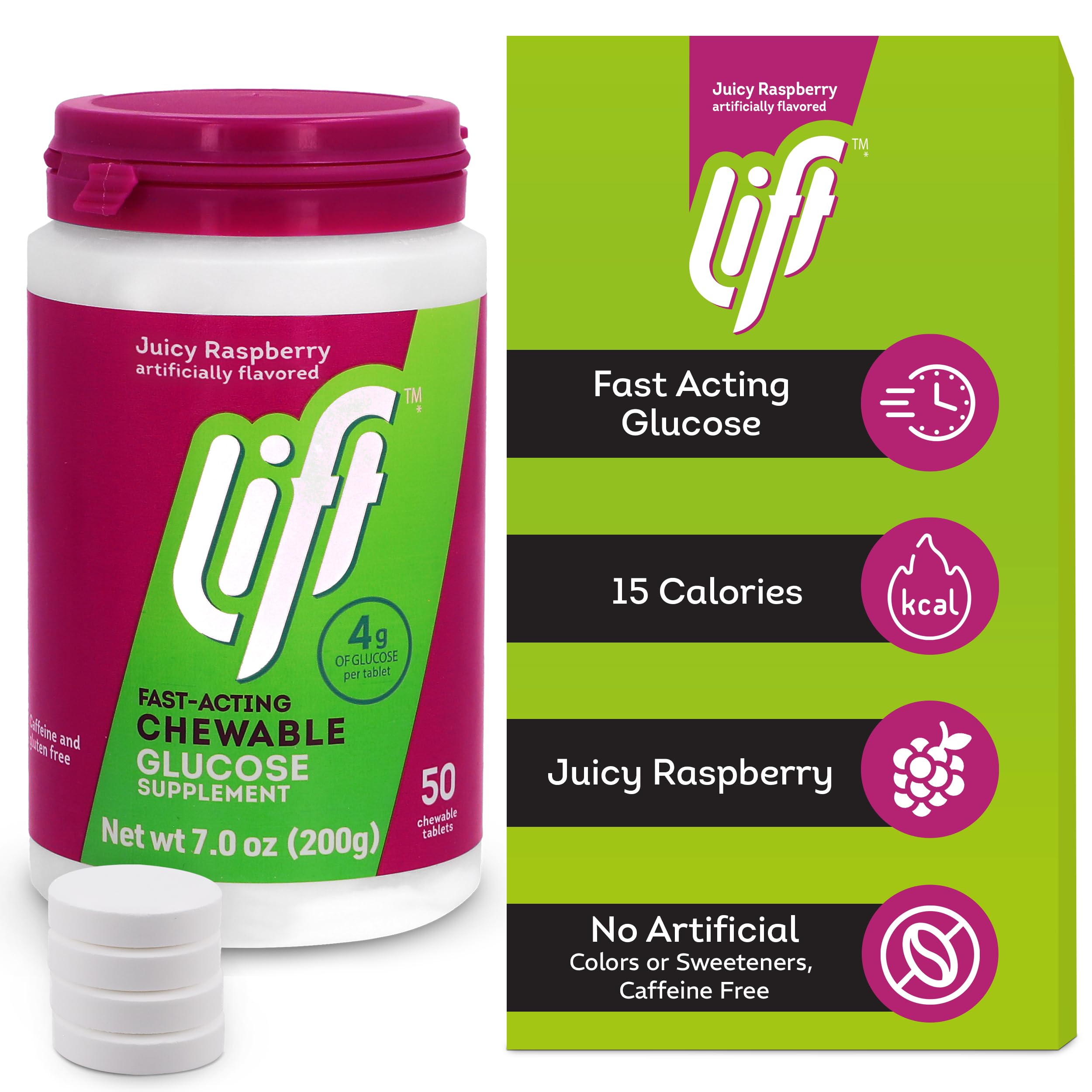 Lift Glucose Raspberry jar label closeup reveals 15 calories per chewable tablet.