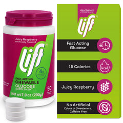 Lift Glucose Raspberry jar label closeup reveals 15 calories per chewable tablet.