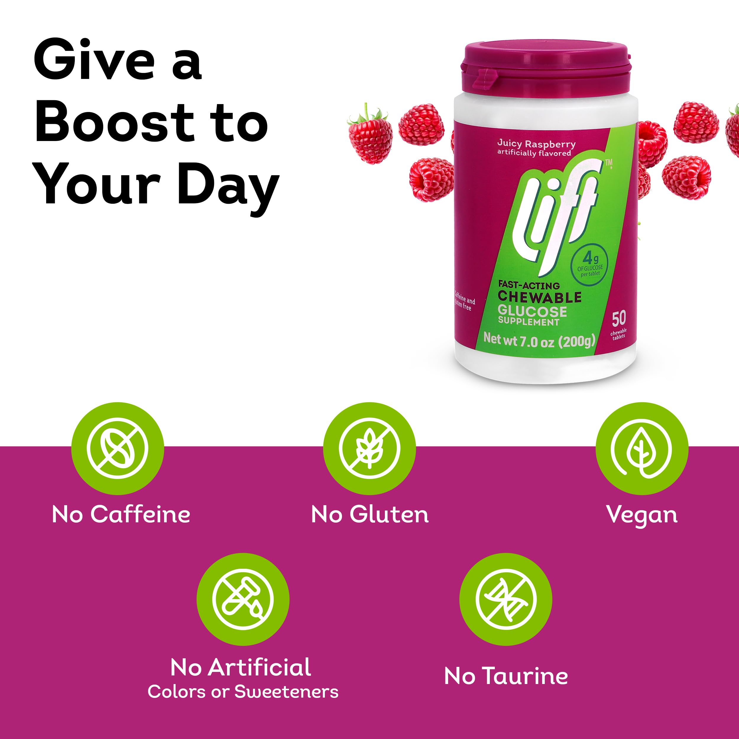 Lift Glucose Raspberry label detail highlights clean ingredients.