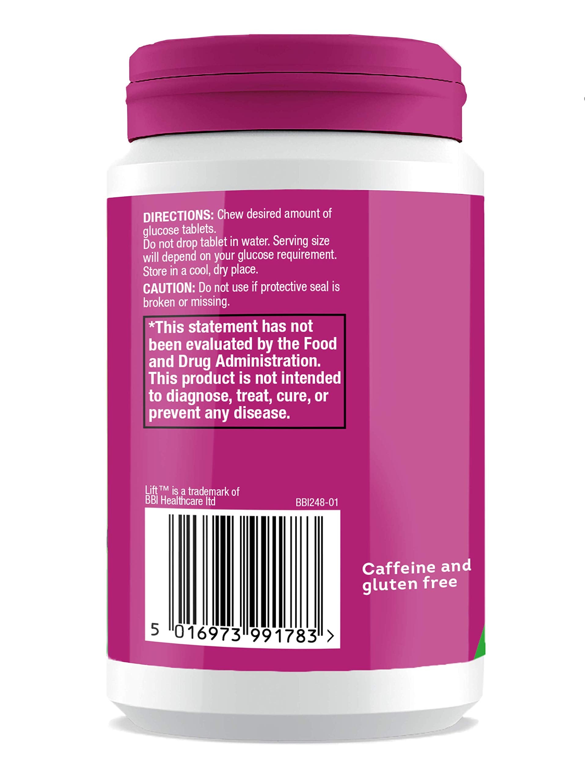 Lift Glucose Raspberry nutrition panel emphasizes dextrose energy.