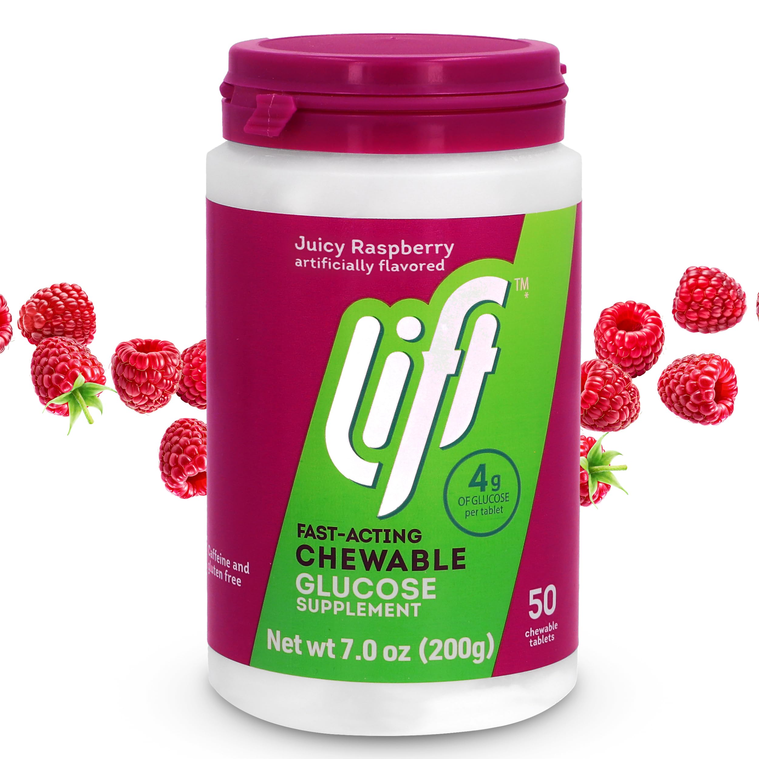 Lift Glucose Raspberry tablets closeup for quick energy on the go.