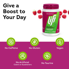Lift Glucose Raspberry on-the-go tube beside a desk setup for easy access.