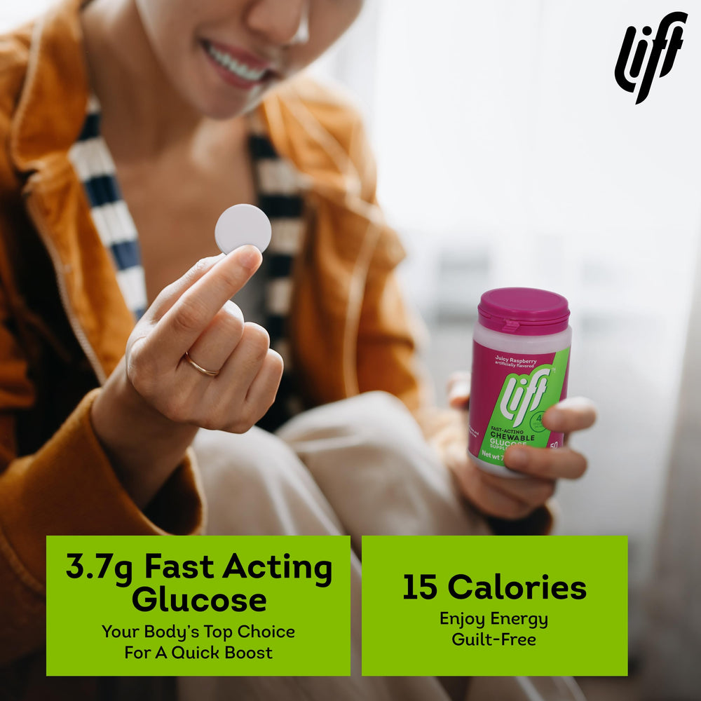 Lift Glucose Raspberry tablets stacked, showcasing flavor and texture.