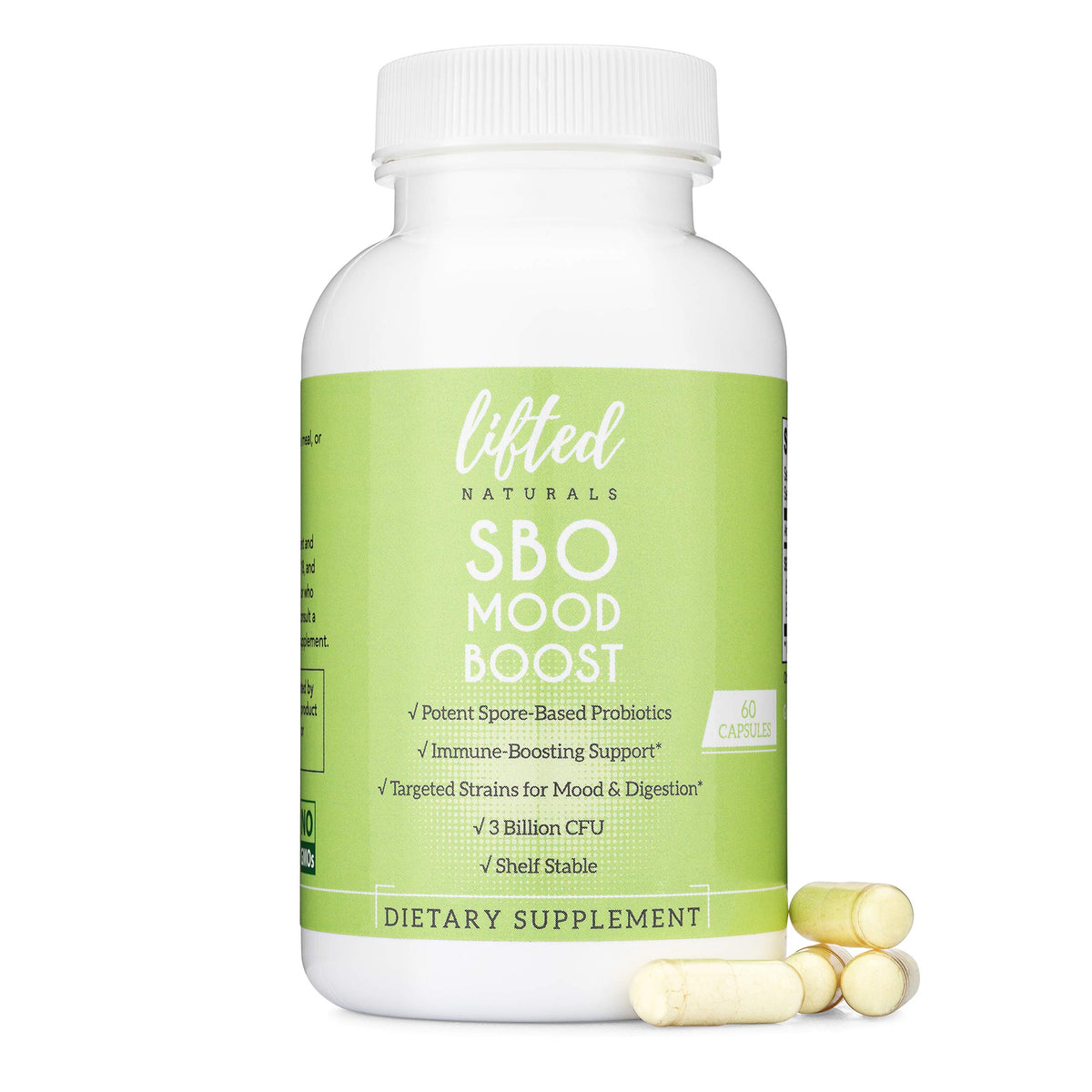 Lifted Naturals Spore-Based Probiotic bottle supports digestion and mood balance.