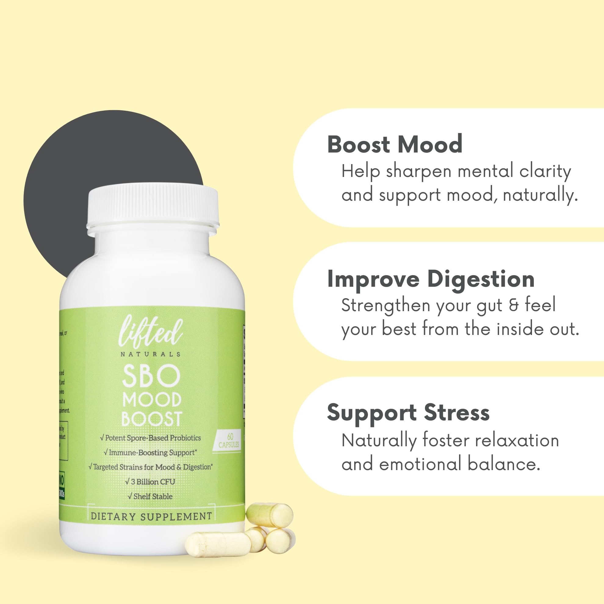 Lifted Naturals probiotic ingredients Bacillus Coagulans and Bacillus Subtilis for gut balance.