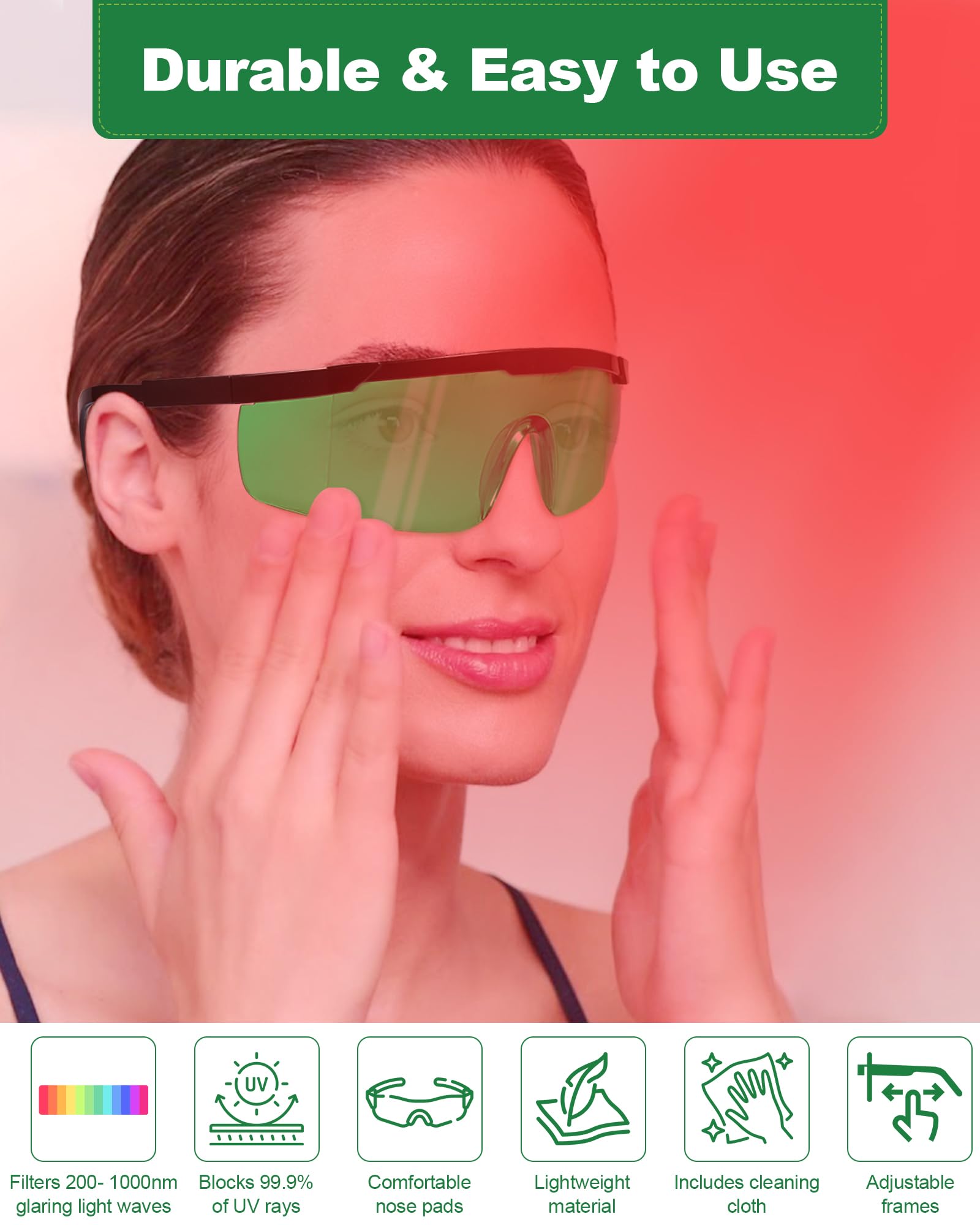 LightMeUp eye protection frames with adjustable temples for a secure, light-proof fit.