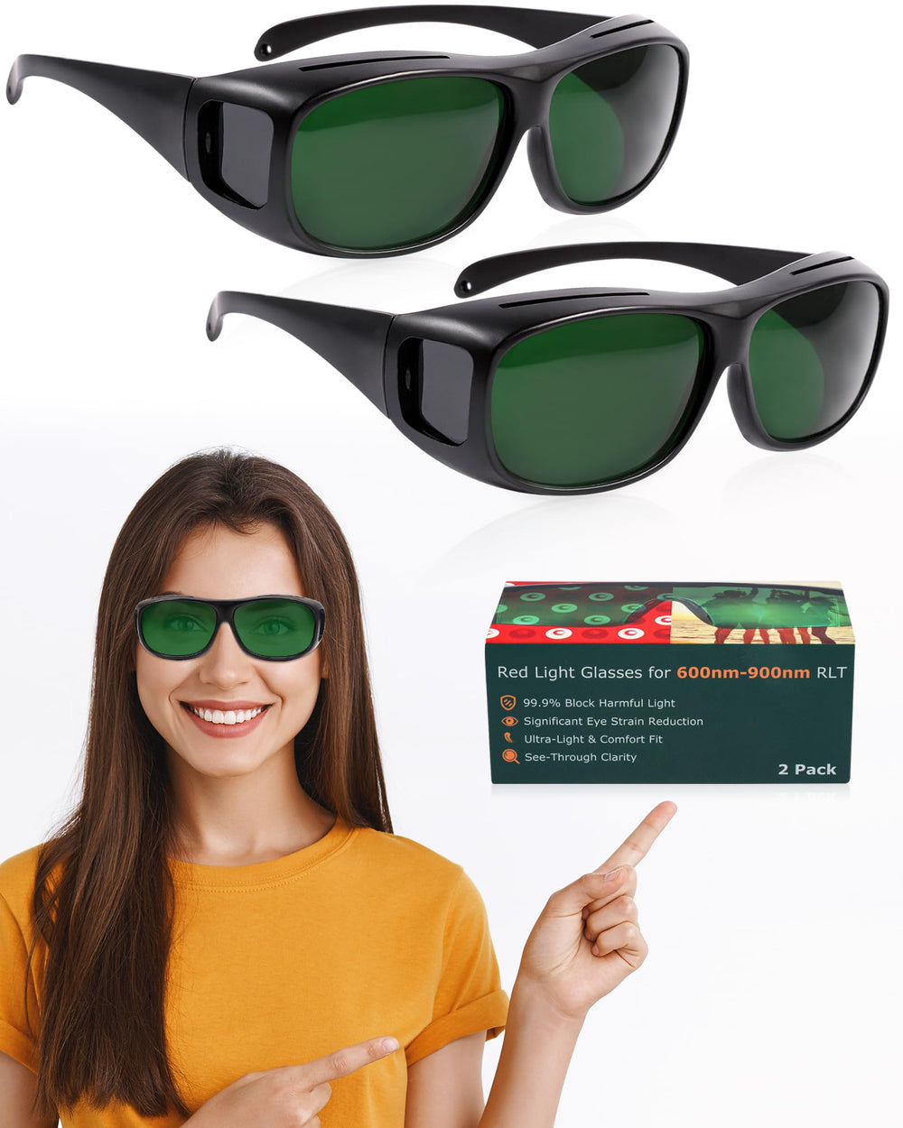 LightMeUp red light therapy glasses in a black frame worn during a session for eye protection.