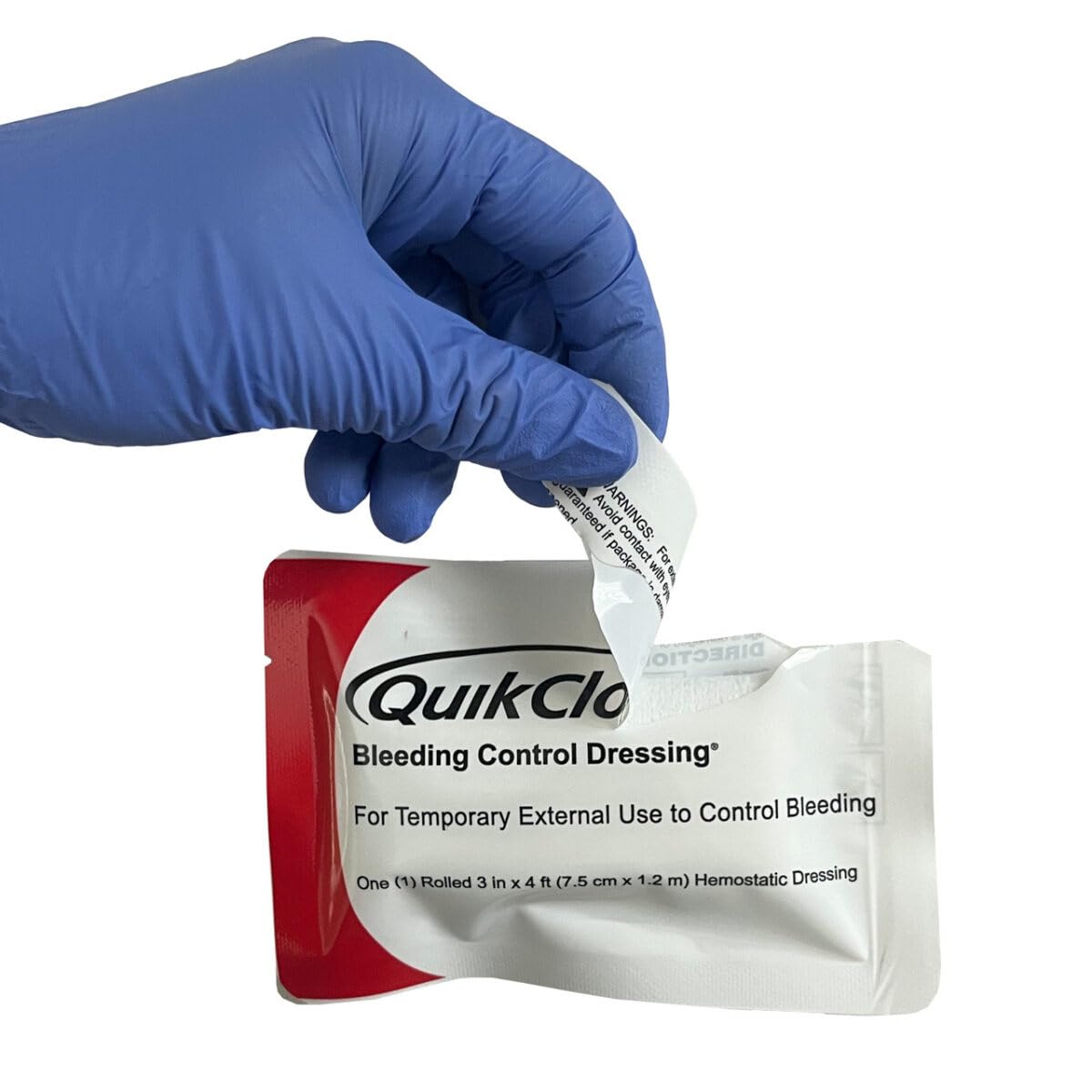 Lightning X QuikClot dressing in emergency kit for quick response.