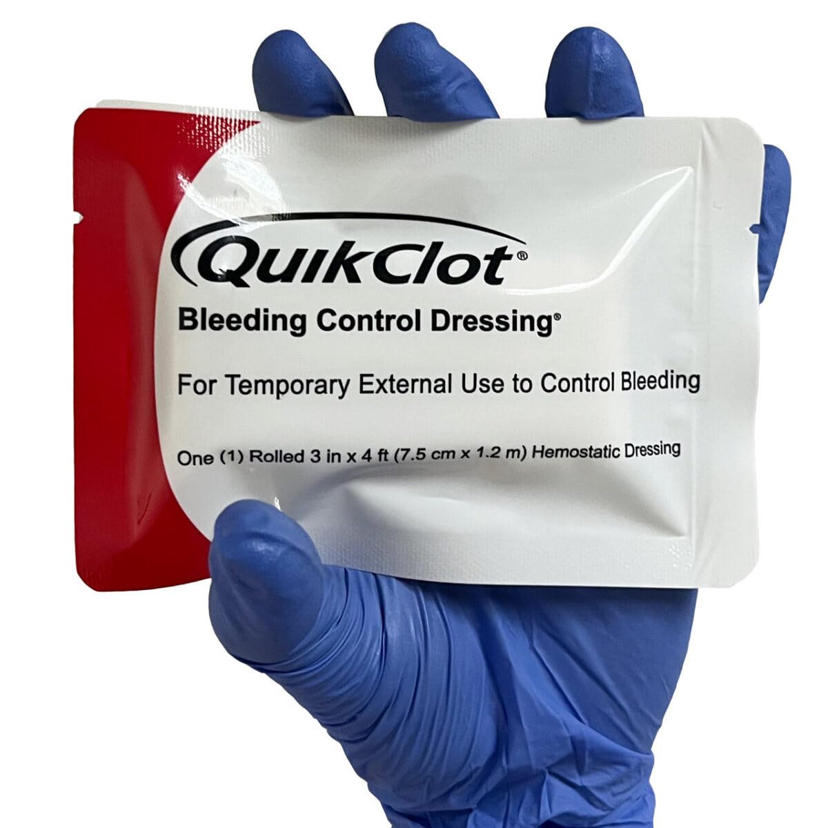 Lightning X QuikClot gauze close-up shows kaolin enhances clotting naturally.