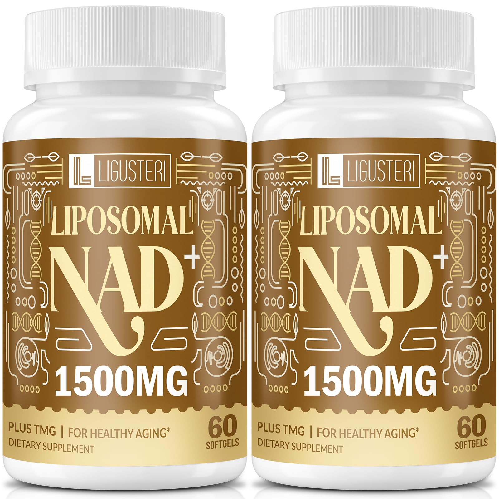 LIGUSTERI liposomal NAD+ bottle highlights premium daily energy support.