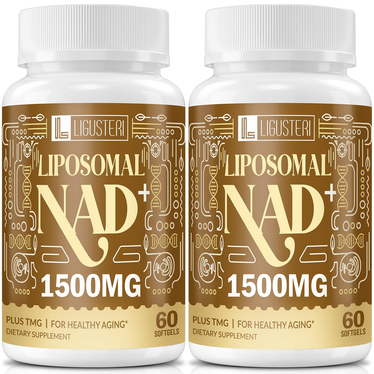 LIGUSTERI liposomal NAD+ bottle highlights premium daily energy support.