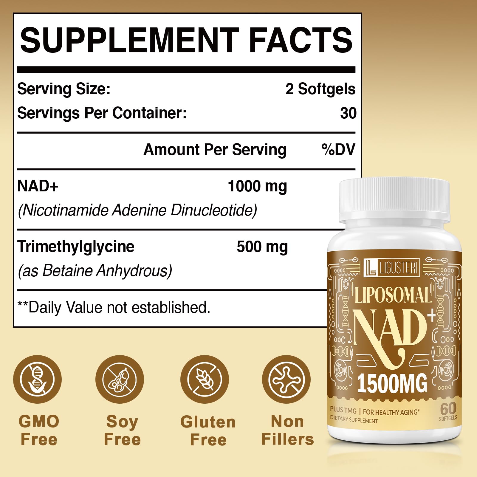 LIGUSTERI NAD+ capsules close-up shows easy-to-swallow softgels for daily use.
