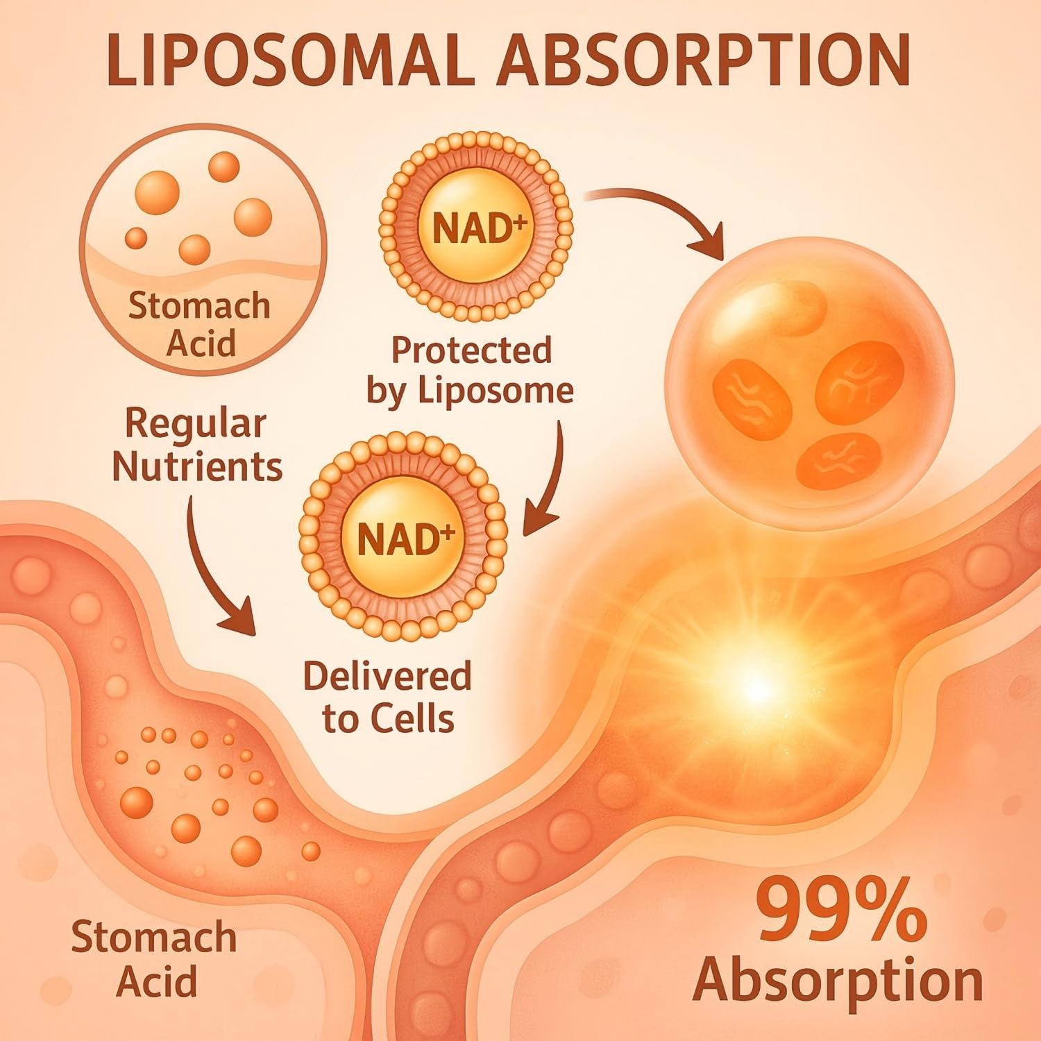 LIGUSTERI liposomal NAD+ with TMG delivery system illustrates enhanced absorption.