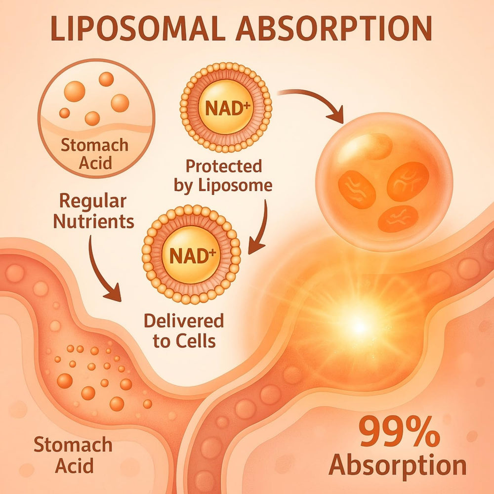 LIGUSTERI liposomal NAD+ with TMG delivery system illustrates enhanced absorption.
